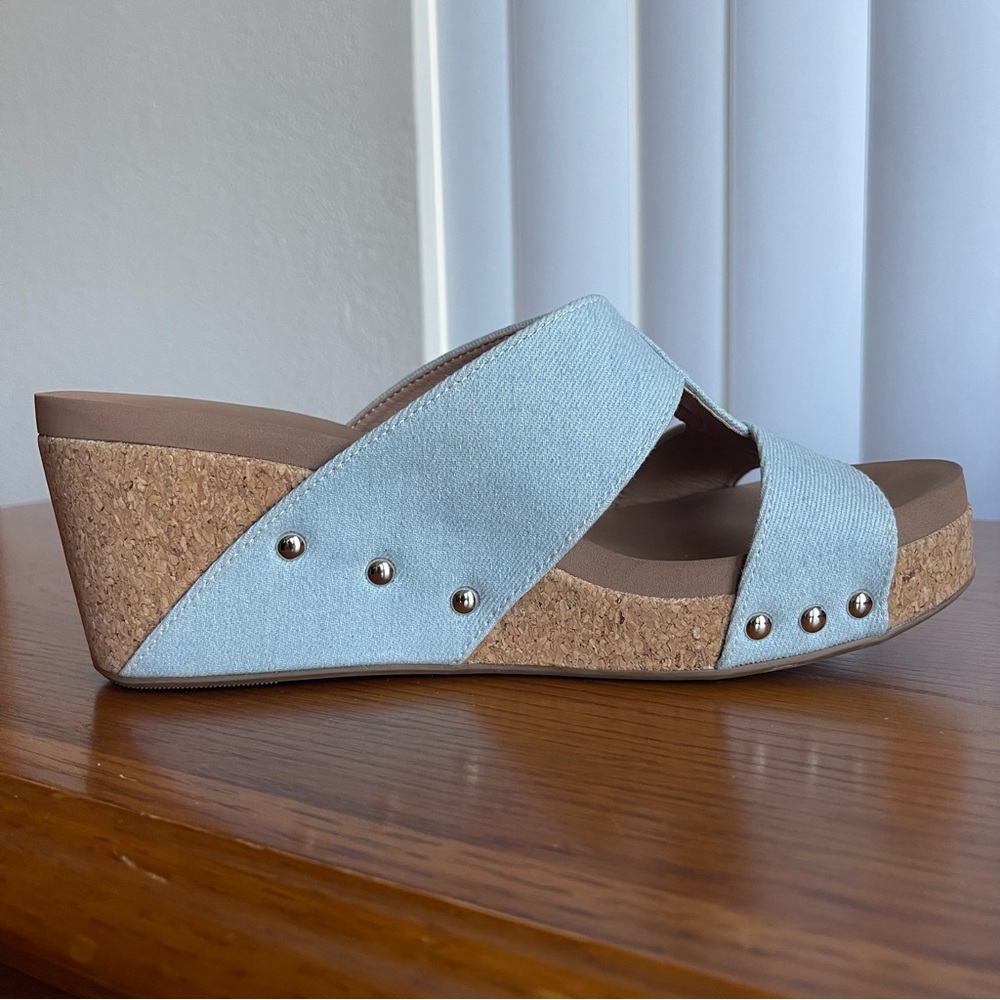 Corkys Bonnie Studded Wedge Sandal Light Blue Denim Size 9 - Picture 5 of 15